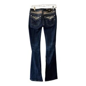 Miss Me mid-rise, dark-wash bootcut jeans embroidery, rhinestone sequins Size 26